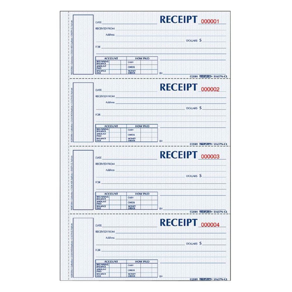 Rediform Hardbound Numbered Money Receipt Books - 200 Sheet(s) - 3 PartCarbonless Copy - 2.75in x 6.87in Form Size - 8in x 11in Sheet Size - White, Canary, Pink - Red Print Color - 1 Each