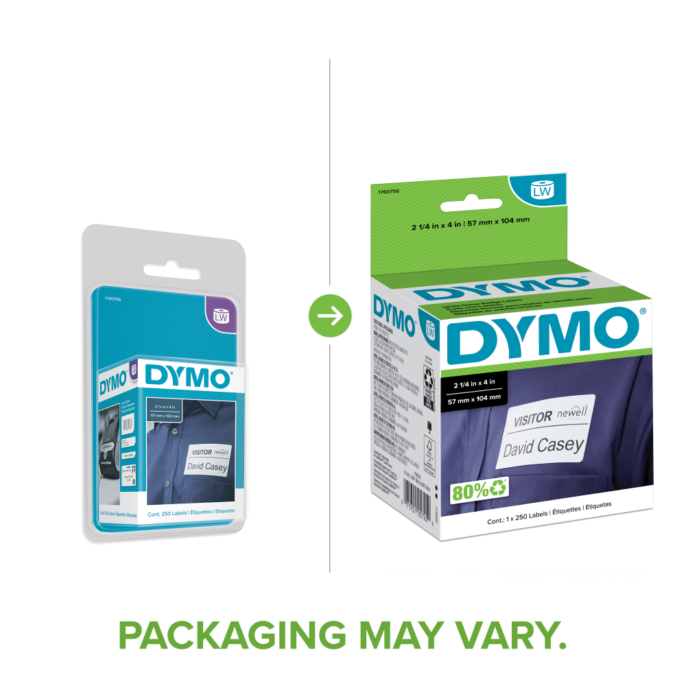 DYMO LabelWriter Name Badge Self-Adhesive Labels, 1760756, White, 2 1/4in x 4in, Roll 0f 250 Labels