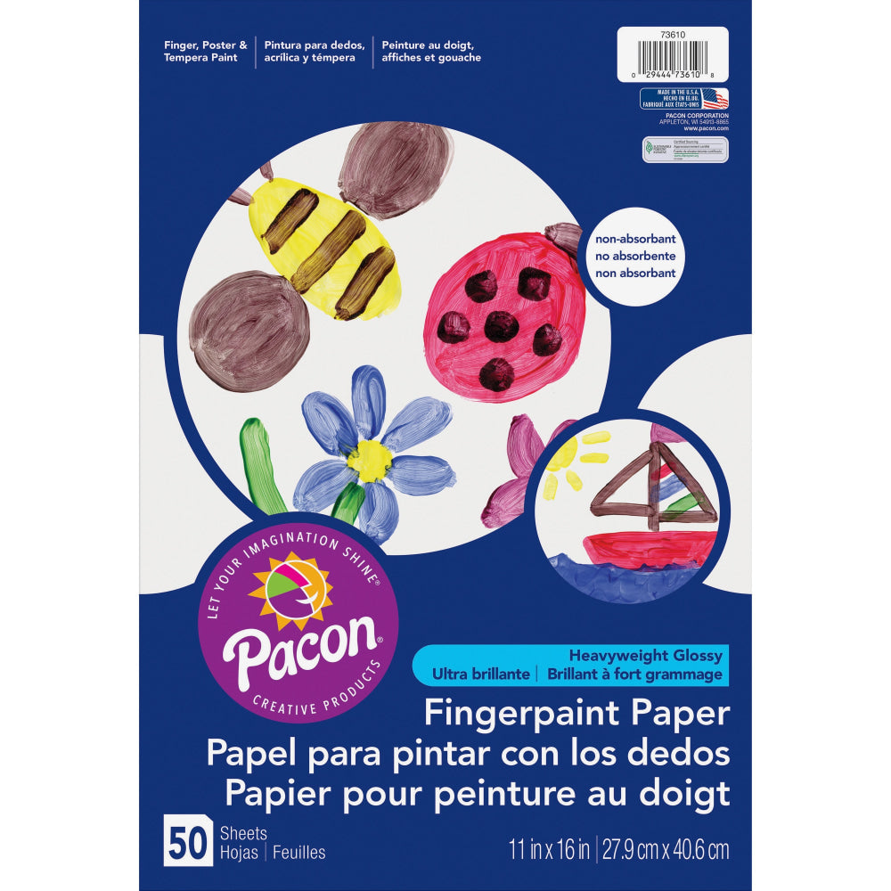 Pacon Fingerpaint Paper - 50 Sheets - 11in x 16in - White Paper - Non Absorbant, Bleed Resistant, Smear Resistant - 1 / Pack