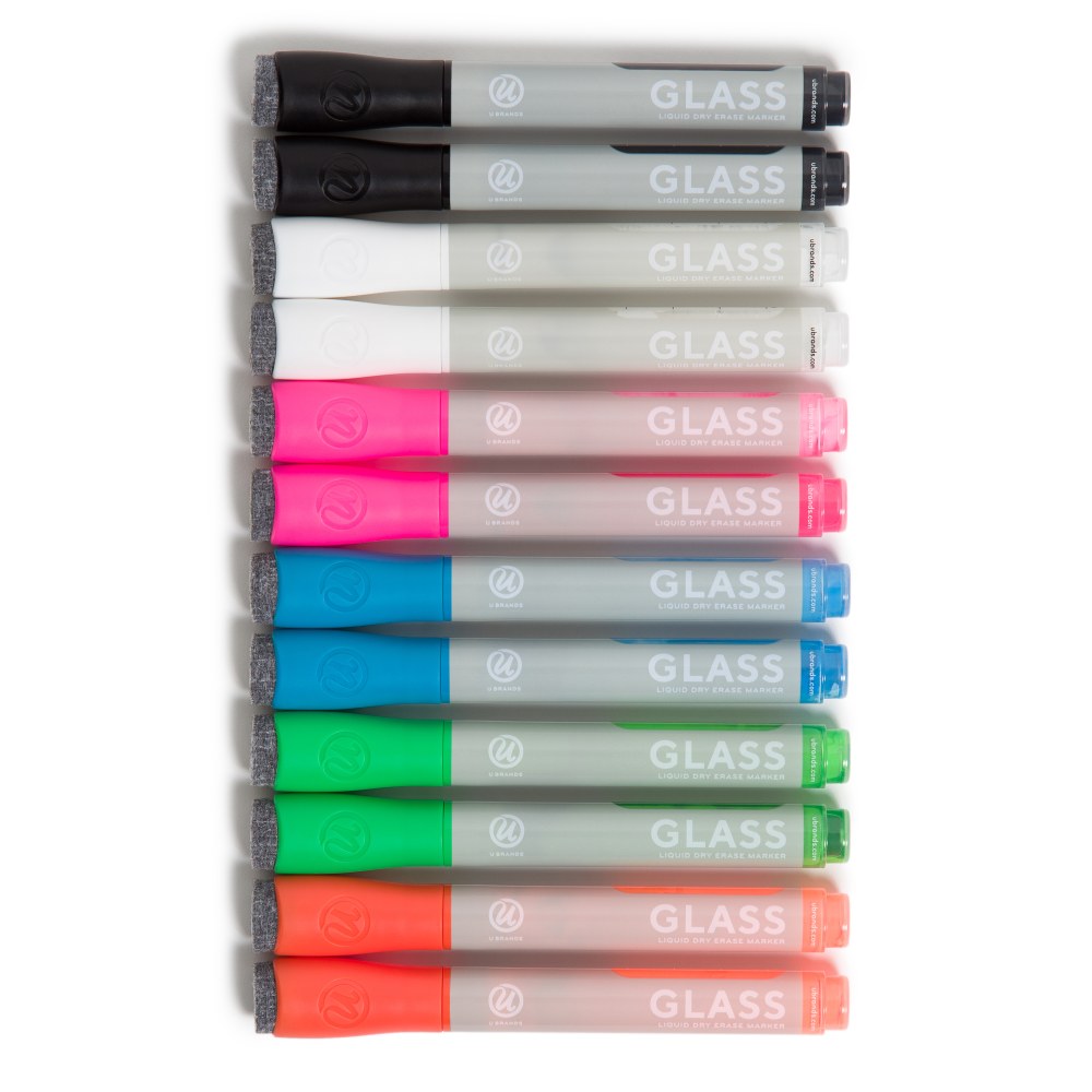 U Brands Liquid Glass Dry-Erase Markers, Bullet Tip, Medium Point, Gray Barrel, Assorted Ink Colors, Pack Of 12 Markers