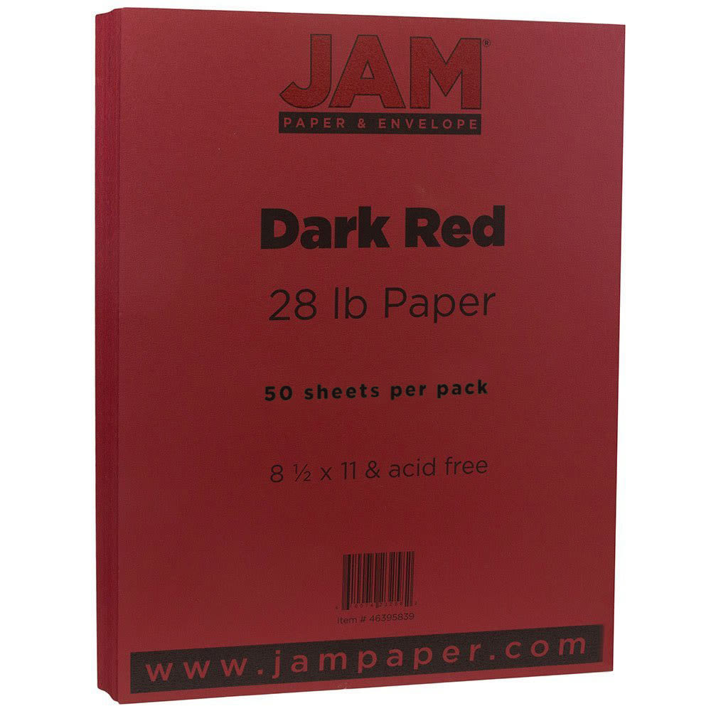 JAM Paper Color Multi-Use Printer & Copy Paper, Dark Red, Letter (8.5in x 11in), 50 Sheets Per Pack, 28 Lb