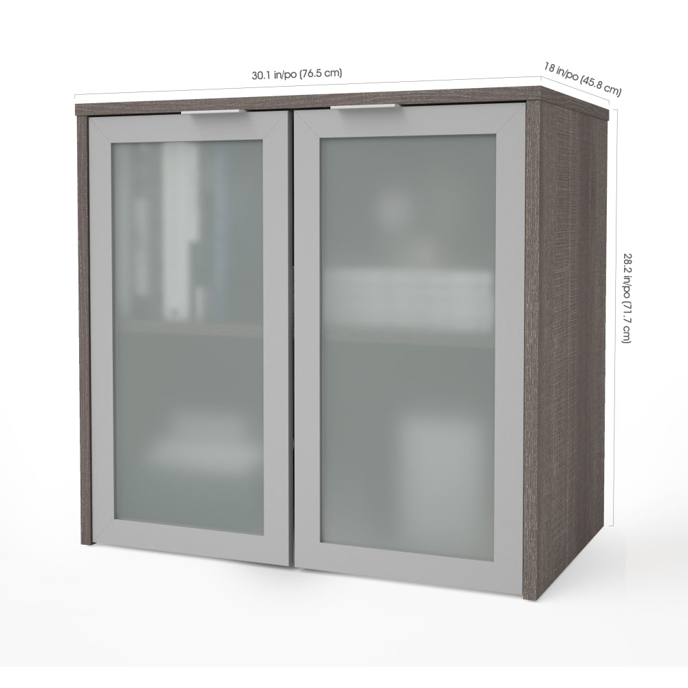 Bestar i3 Plus 31inW Hutch With Frosted Glass Doors, Bark Gray