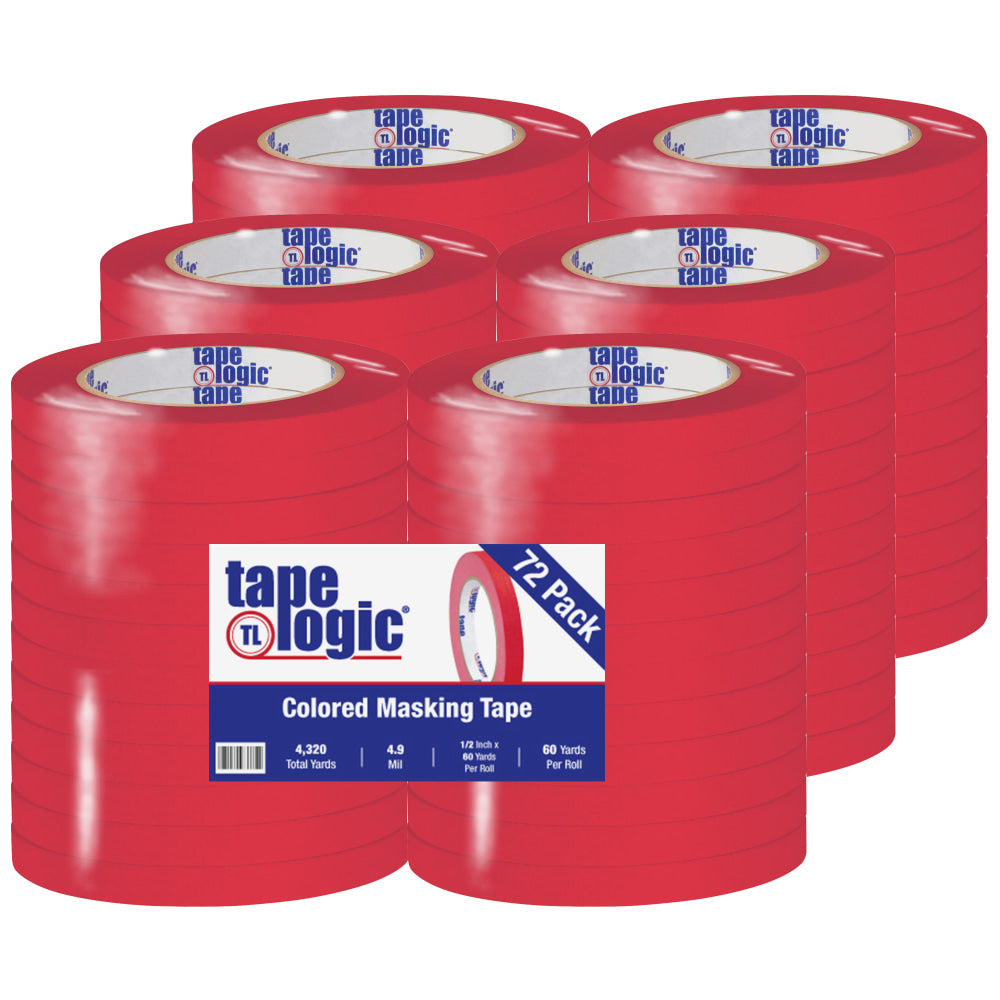 Tape Logic Color Masking Tape, 3in Core, 0.5in x 180ft, Red, Case Of 72