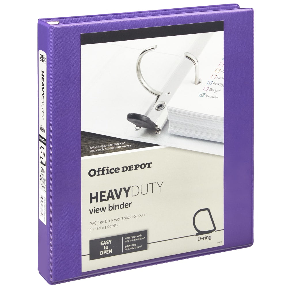 Office Depot Heavy-Duty View 3-Ring Binder, 1in D-Rings, Purple