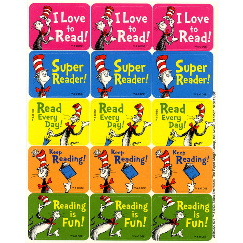 Eureka Success Stickers, Cat in the Hat Reading, 120 Stickers Per Pack, Set Of 12 Packs