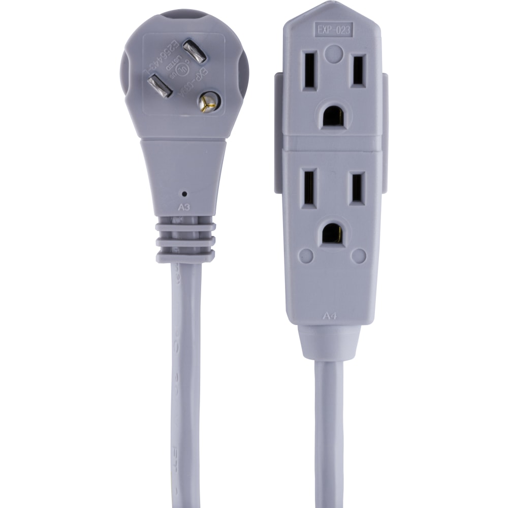 GE 3 Outlet Extension Cord, 25ft Long Cord, Flat Plug, Gray, 43025