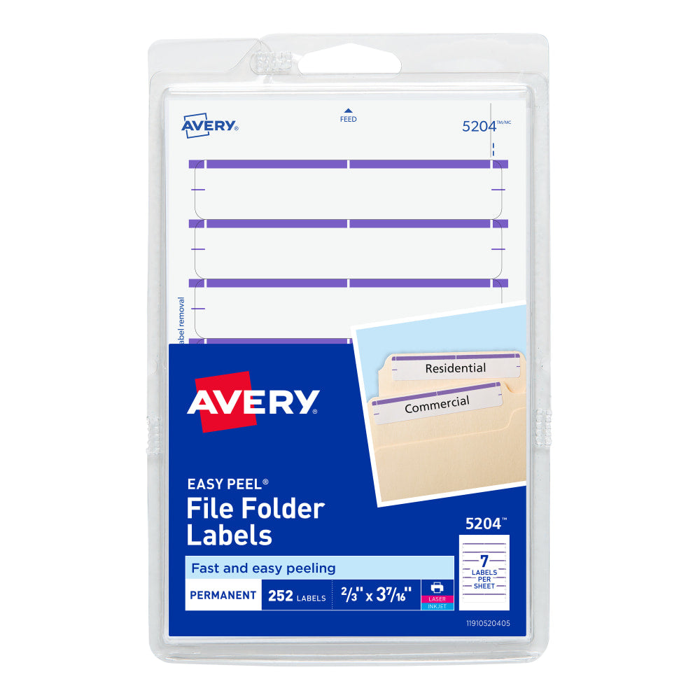 Avery File Folder Labels On 4in x 6in Sheet With Easy Peel, 5204, Rectangle, 2/3in x 3-7/16in, White With Purple Color Bar, Pack Of 252 Labels