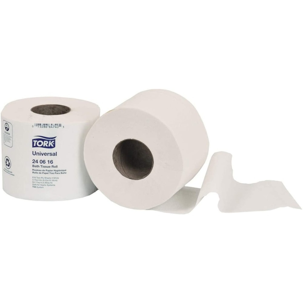 Tork Universal Bath Tissue Roll - 2 Ply - 3.75in x 205.33 ft - 616 Sheets/Roll - 5in Roll Diameter - White - Fiber - Embossed, Soft, Absorbent - For Bathroom, Plumbing - 616 / Roll