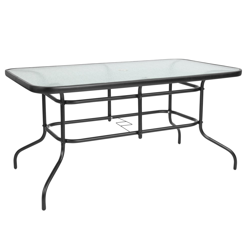 Flash Furniture Tory Tempered Glass Metal Table With Umbrella Hole, 27-1/2inH x 31-1/2inW x 55inD, Clear/Black