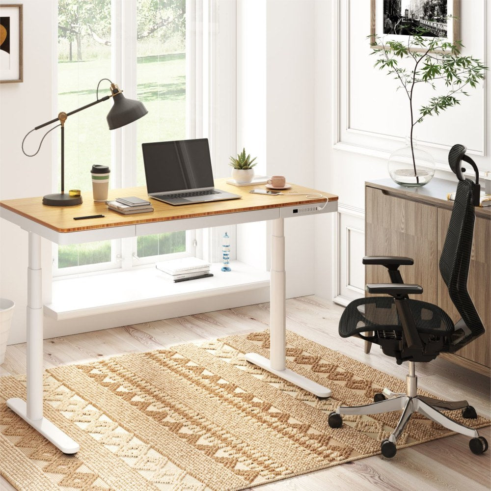 FlexiSpot Q8 Electric 55inW Height-Adjustable Standing Desk, Bamboo/White