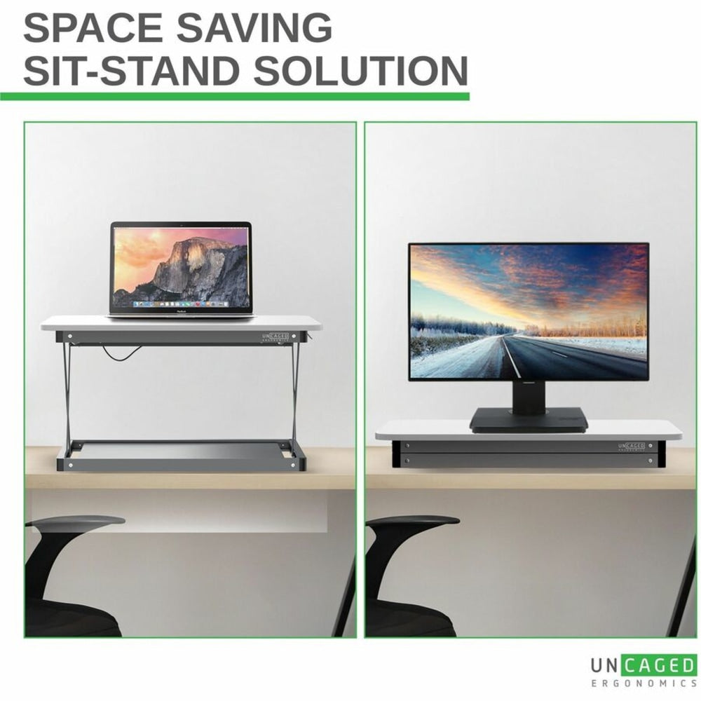 CHANGEdesk Mini White Laptop Standing Desk Converter & Single Monitor Sit Stand Up Desktop Riser - Thin, compact, simnple desktop desk lets you quickly flow between sitting and standing. 27.5x19.5in panel is perfect for laptops and single moniors.