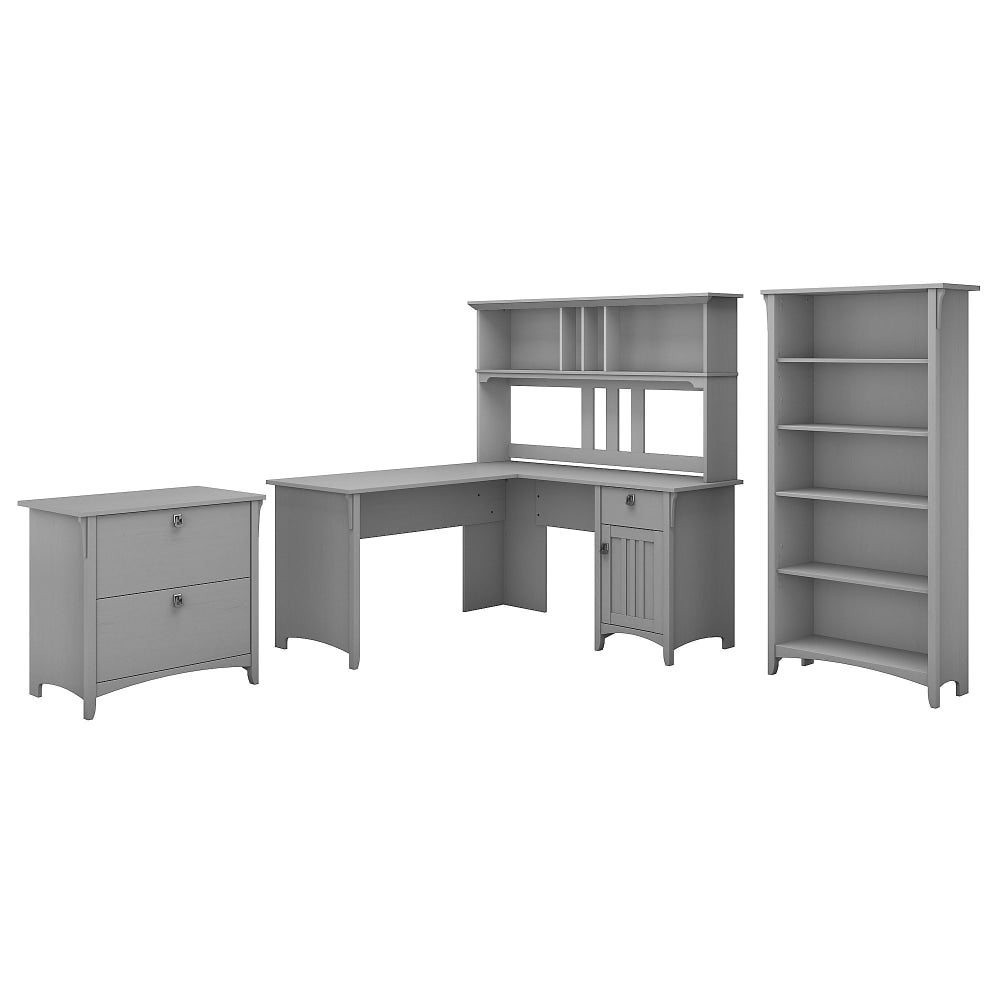 Bush Furniture Salinas 60inW L Shaped Desk with Hutch, Lateral File Cabinet and 5 Shelf Bookcase, Cape Cod Gray, Standard Delivery