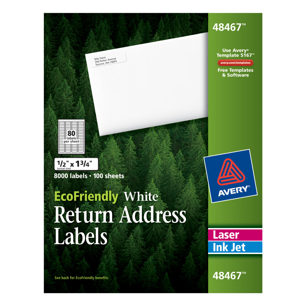 Avery Easy Peel EcoFriendly Permanent Inkjet/Laser Return Address Labels, 48467, 1/2in x 1 3/4in, 100% Recycled, White, Pack Of 8,000