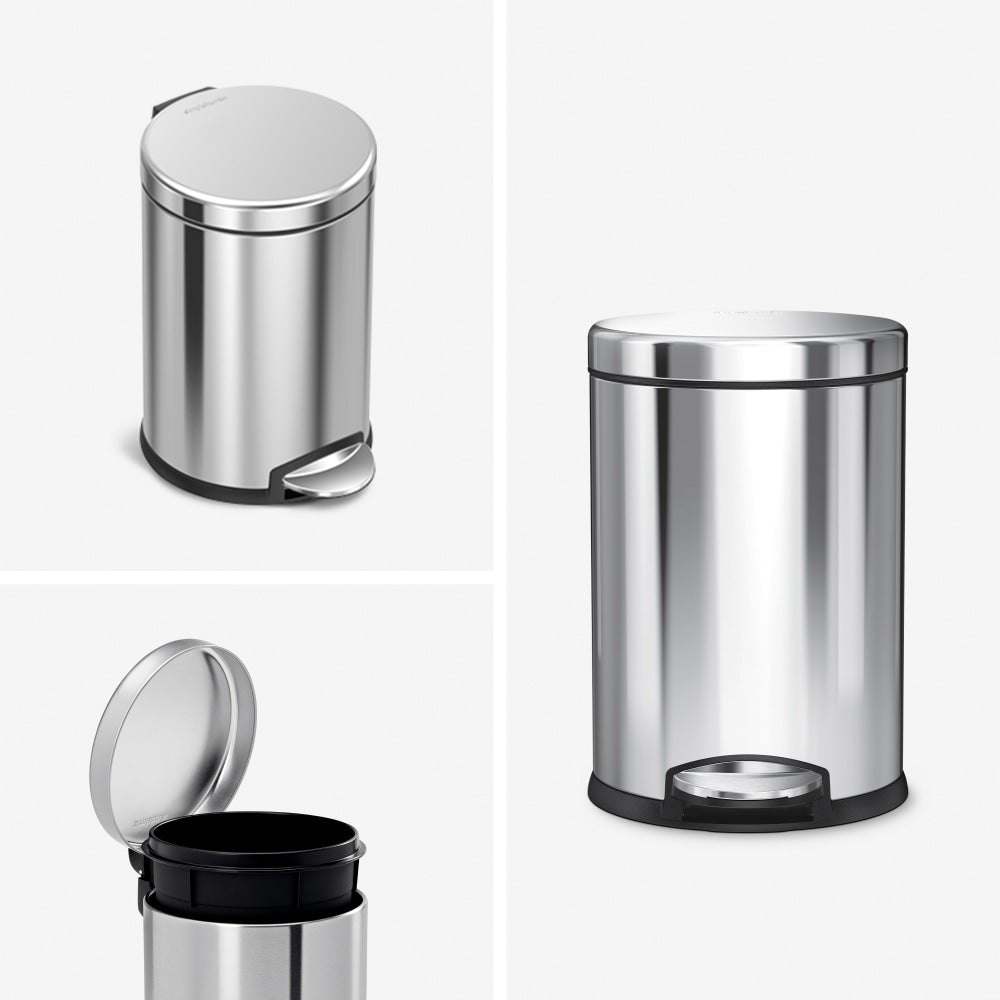 simplehuman Round Stainless-Steel Step Trash Can, 1.2 Gallons, 12-1/10inH x 7-3/5inW x 10inD, Polished Stainless Steel