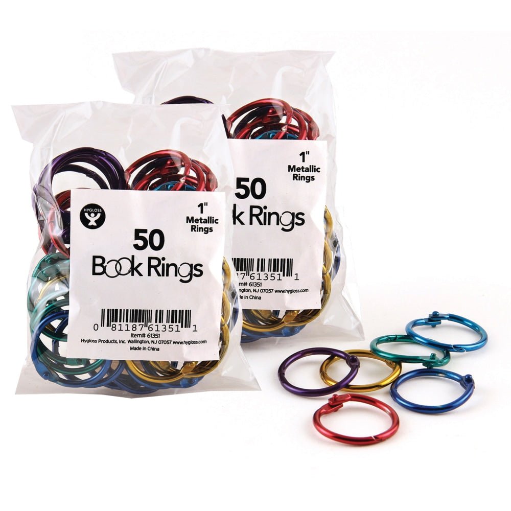 Hygloss Book Rings, 1in, Assorted Metallic Colors, 50 Rings Per Pack, Set Of 2 Packs