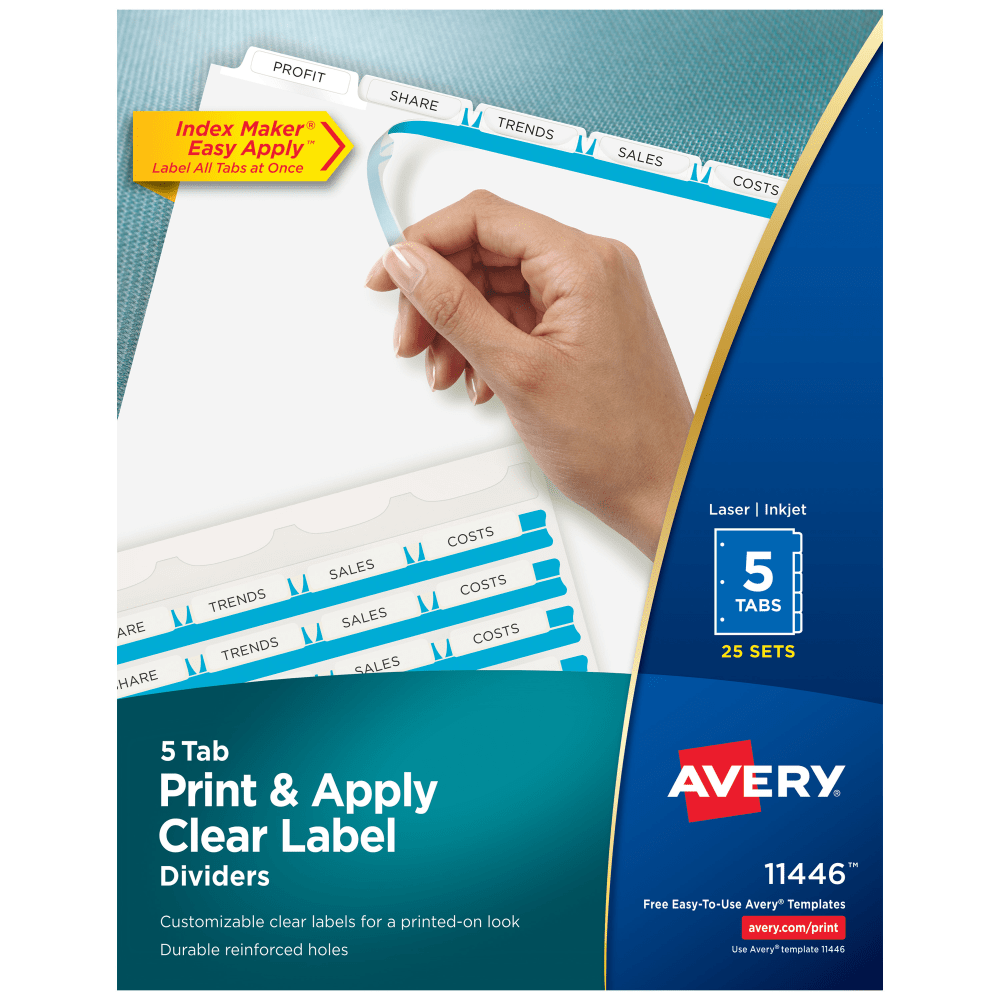 Avery Print & Apply Clear Label Dividers With Index Maker Easy Apply Printable Label Strip And White Tabs, 5-Tab, Box Of 25 Sets