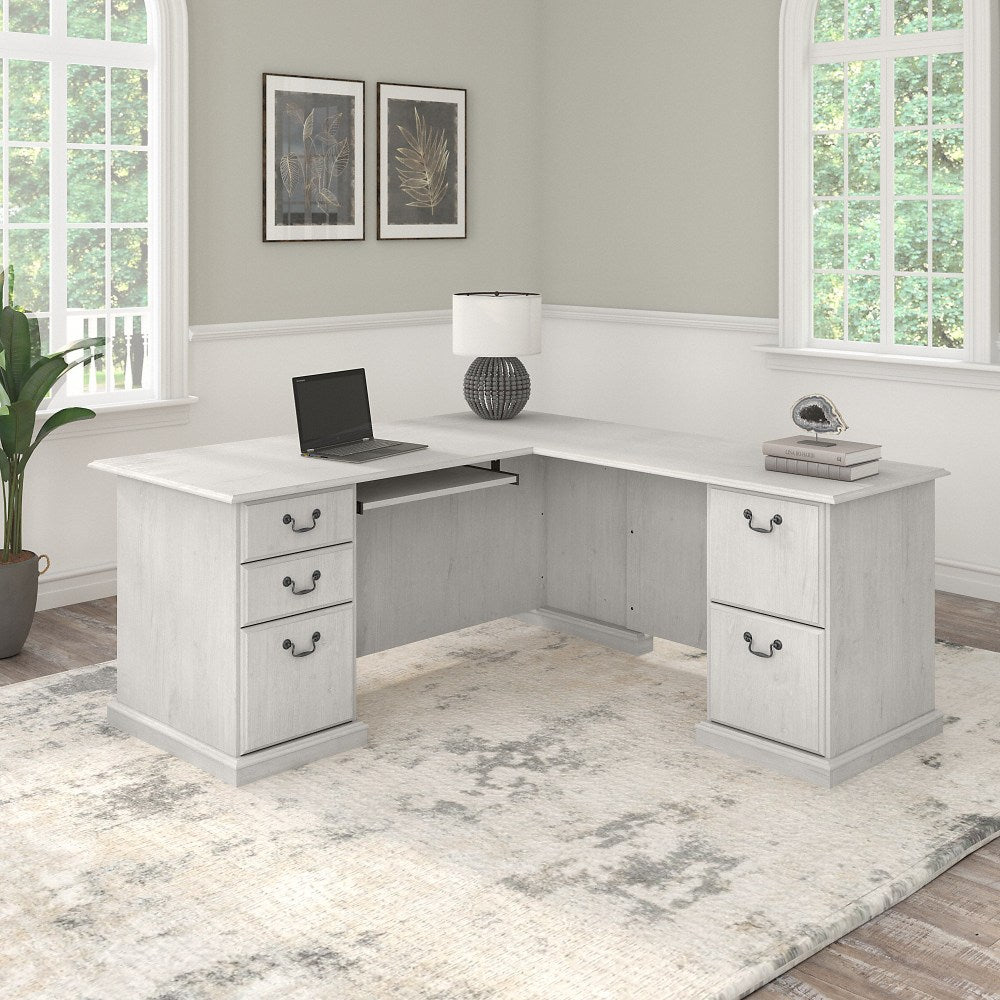 Bush Business Furniture Saratoga 66inW L-Shaped Corner Desk With Drawers, Linen White Oak, Standard Delivery