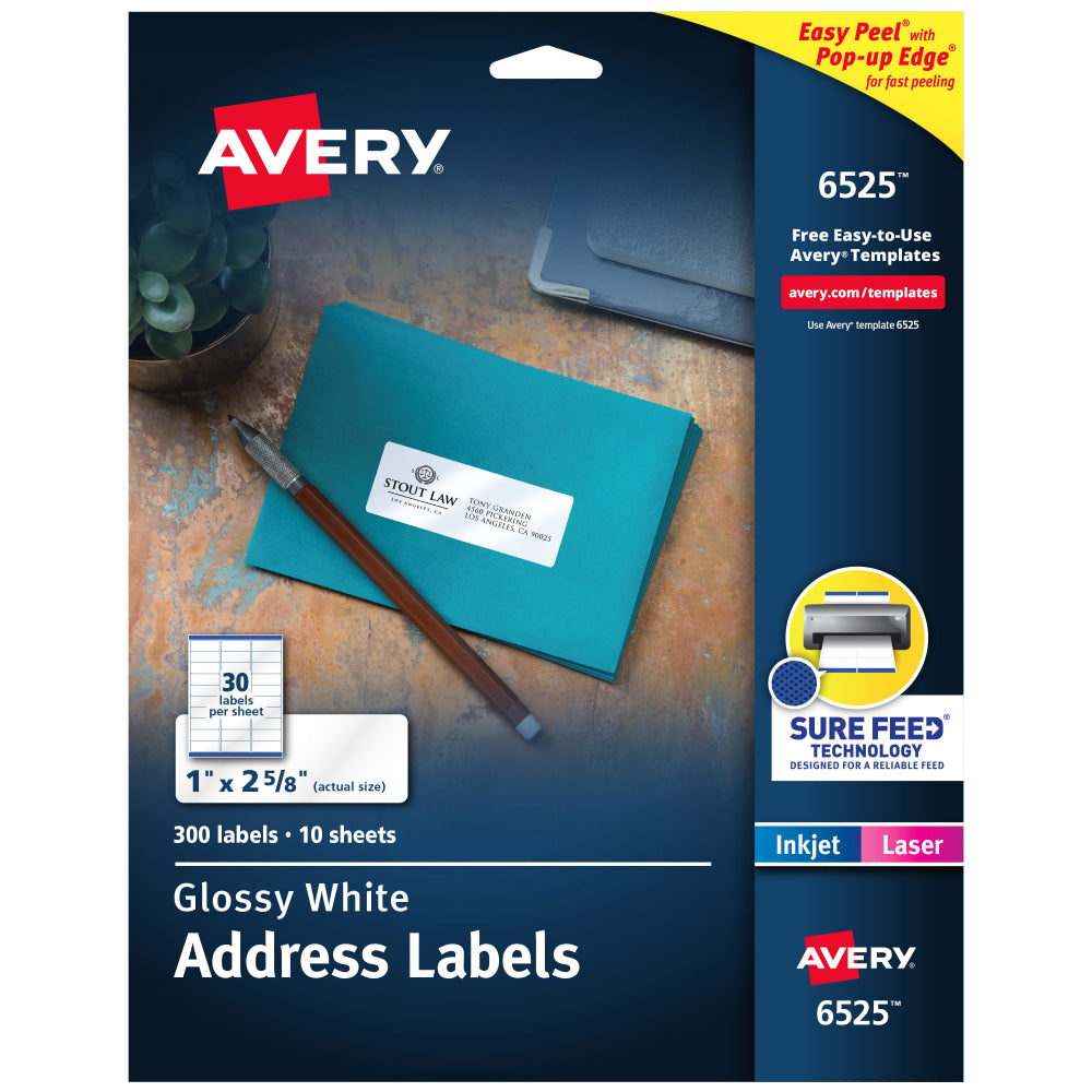 Avery Address Labels With Sure Feed And Easy Peel Technology, 6525, Rectangle, 1in x 2-5/8in, Glossy White, Pack Of 300