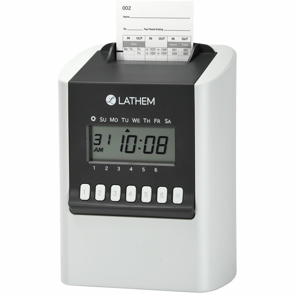 Lathem Calculating Electronic Time Clock, 100 Employees, 6-15/16inH x 5-1/4inW x 9-5/8inD, Gray, 700E