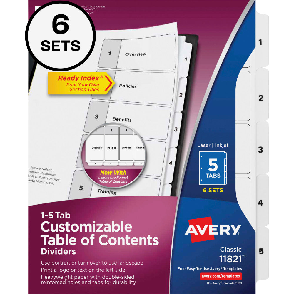 Avery Ready Index Classification Folder Binder Dividers, 8-1/2in x 11, White, 5 Dividers Per Set, Pack Of 6 Sets