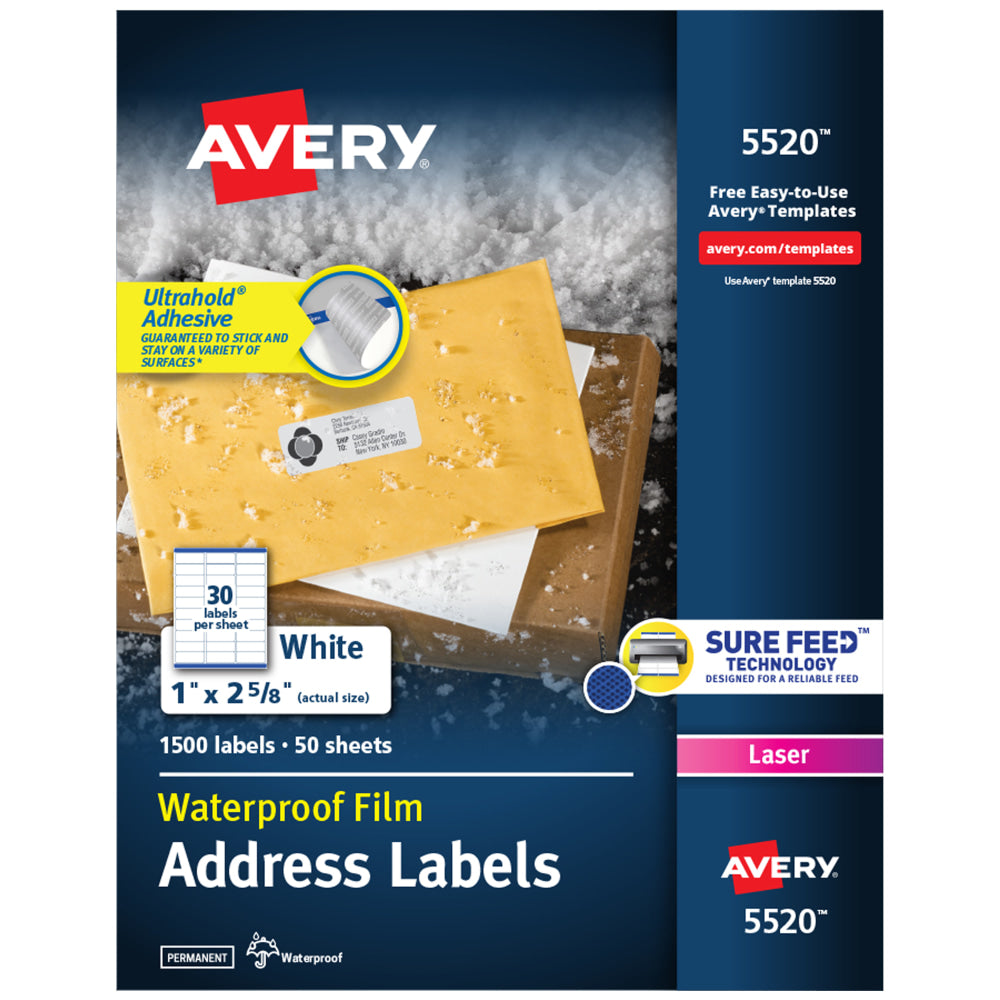 Avery Waterproof Address Labels With Ultrahold, 5520, Rectangle, 1in x 2-5/8in, White, 1,500 Labels For Laser Printers