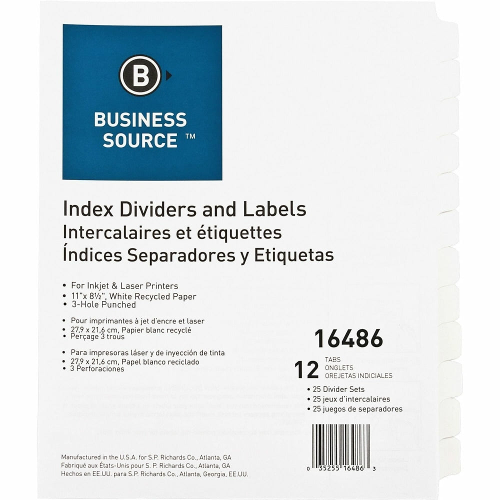 Business Source Customize 12-Tab Index Dividers - 12 x Divider(s) - 12 Print-on Tab(s) - 8.3in Divider Width - 3 Hole Punched - White Divider - White Tab(s) - Recycled - Punched, Mylar Reinforcement - 25 / Box