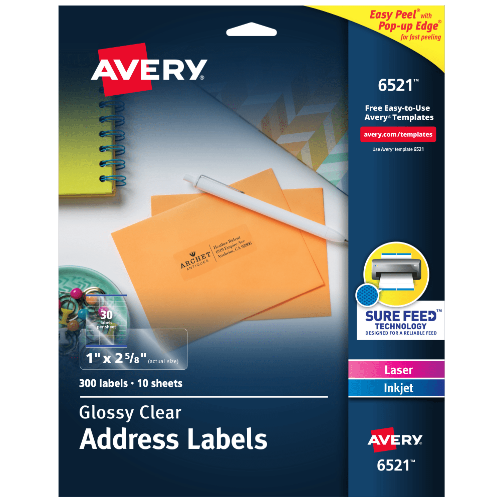 Avery Glossy Permanent Labels, 6521, Mailing, 1in x 2 5/8in, Clear, Pack Of 300