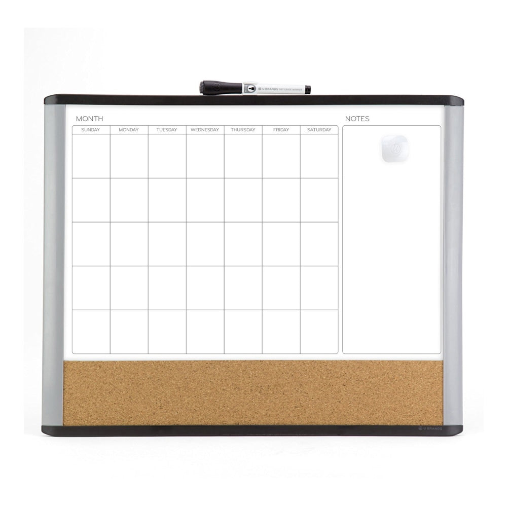 U Brands Magnetic MOD 3-In-1 Magnetic Dry-Erase Calendar Board, Painted Steel, 20in x 16in, Black/Gray Plastic Frame