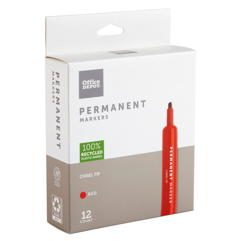 Office Depot Brand Permanent Markers, Chisel Point, 100% Recycled Plastic Barrel, Red Ink, Pack Of 12