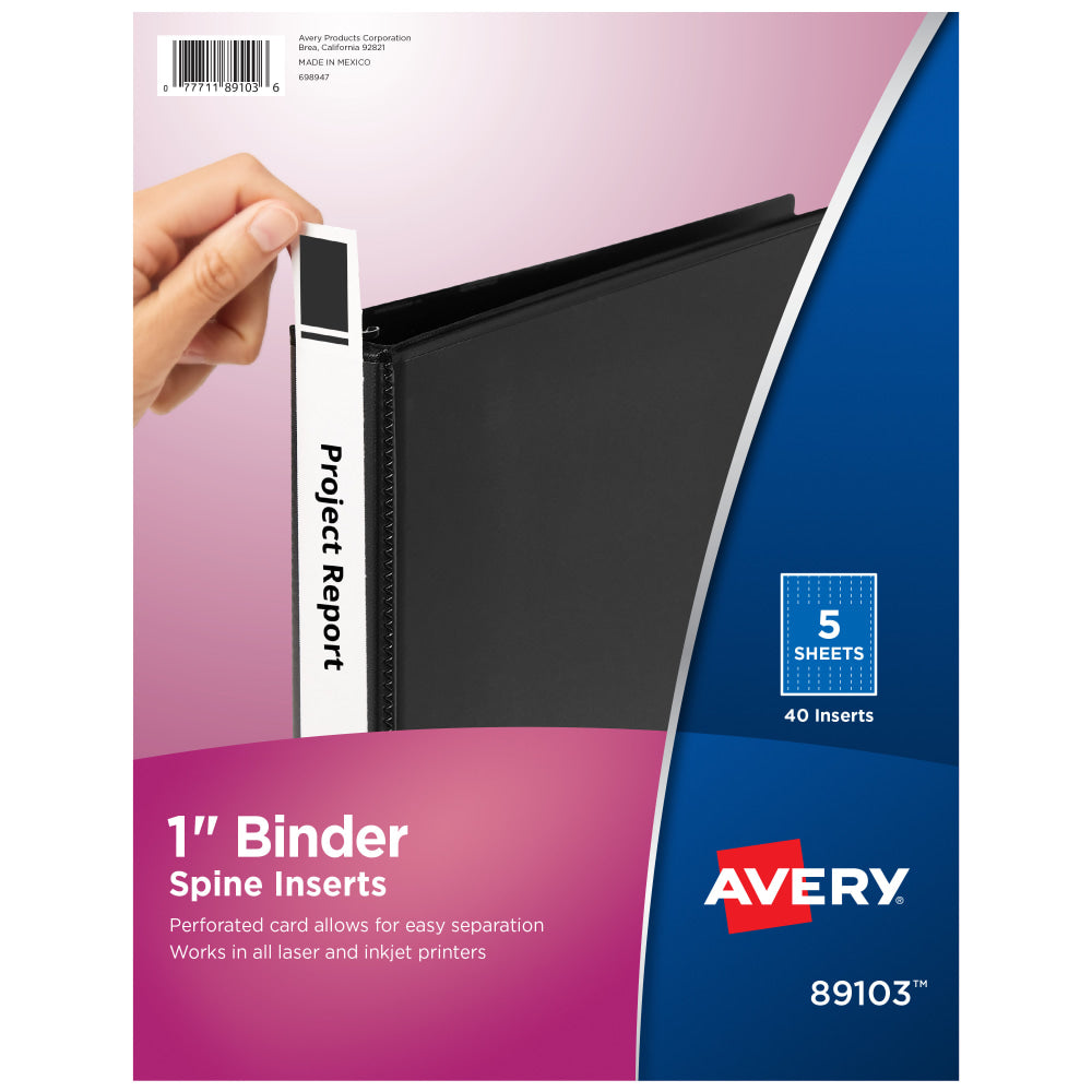 Avery Binder Spine Inserts, 89103, For 1in Ring Binders With 1.4in Spine Width, White, Pack Of 40