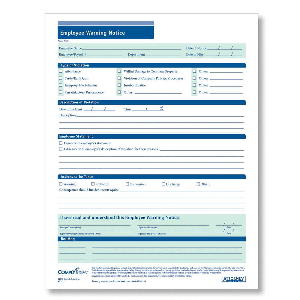 ComplyRight Employee Warning Reports, 8 1/2in x 11in, Pack Of 50