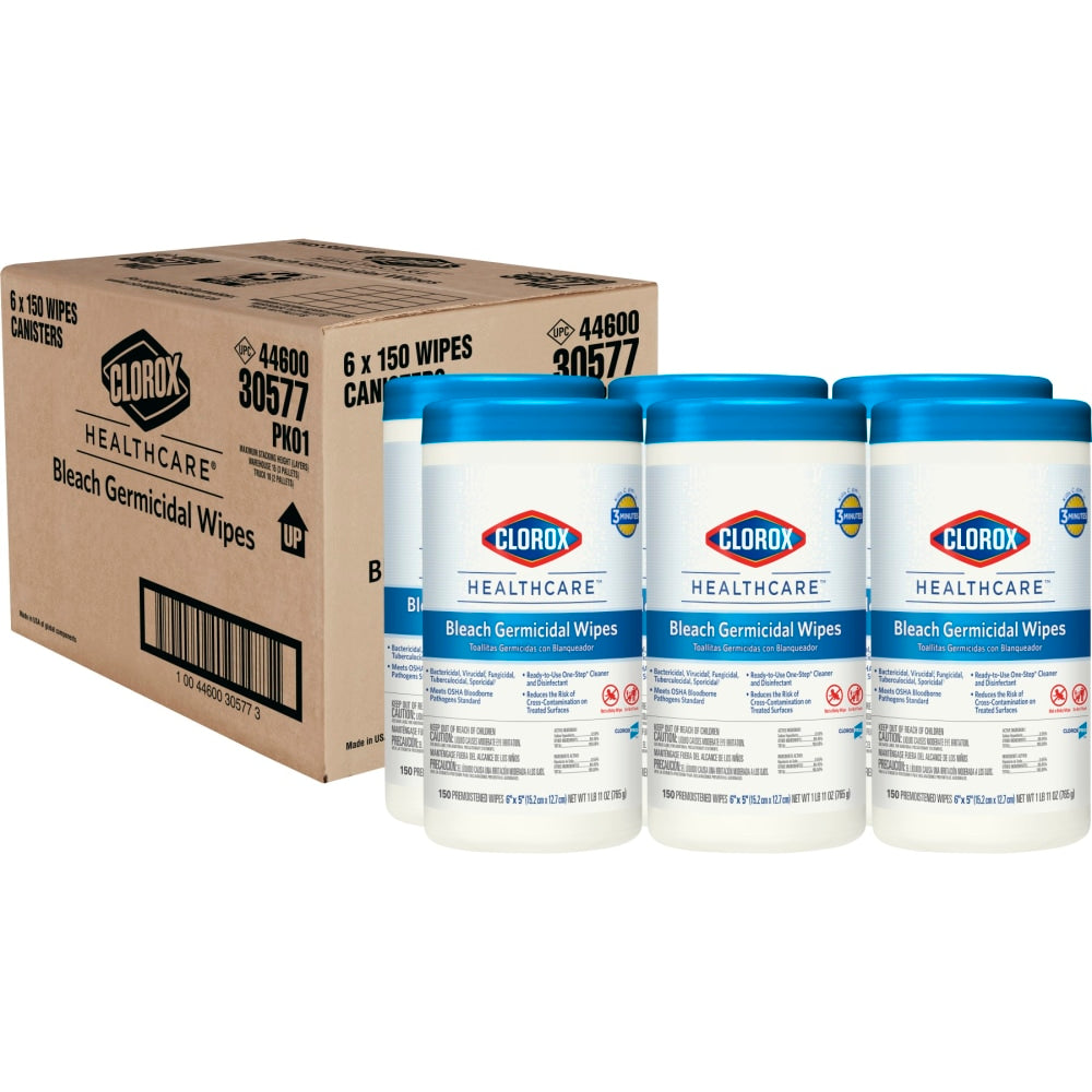 Clorox Healthcare Bleach Germicidal Wipes, 6in x 5in, 150 Wipes Per Canister, Case Of 6 Canisters