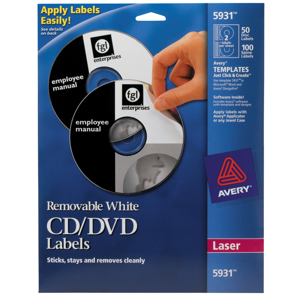 Avery Removable Print-to-the-Edge CD/DVD Labels, 5931, Round, 4.65in Diameter, White, 50 Disc Labels And 100 Spine Labels