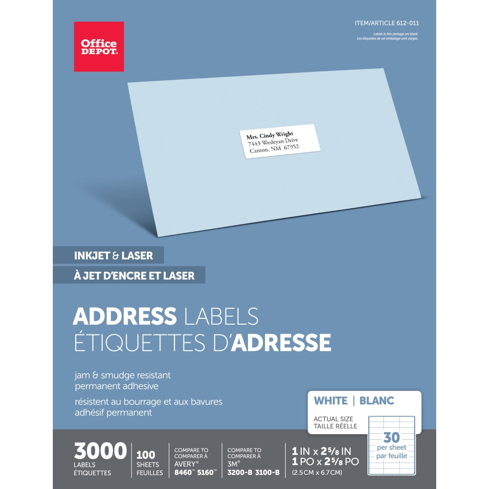 Office Depot Brand Inkjet/Laser Address Labels, Rectangle, 1in x 2 5/8in, White, Pack Of 3,000