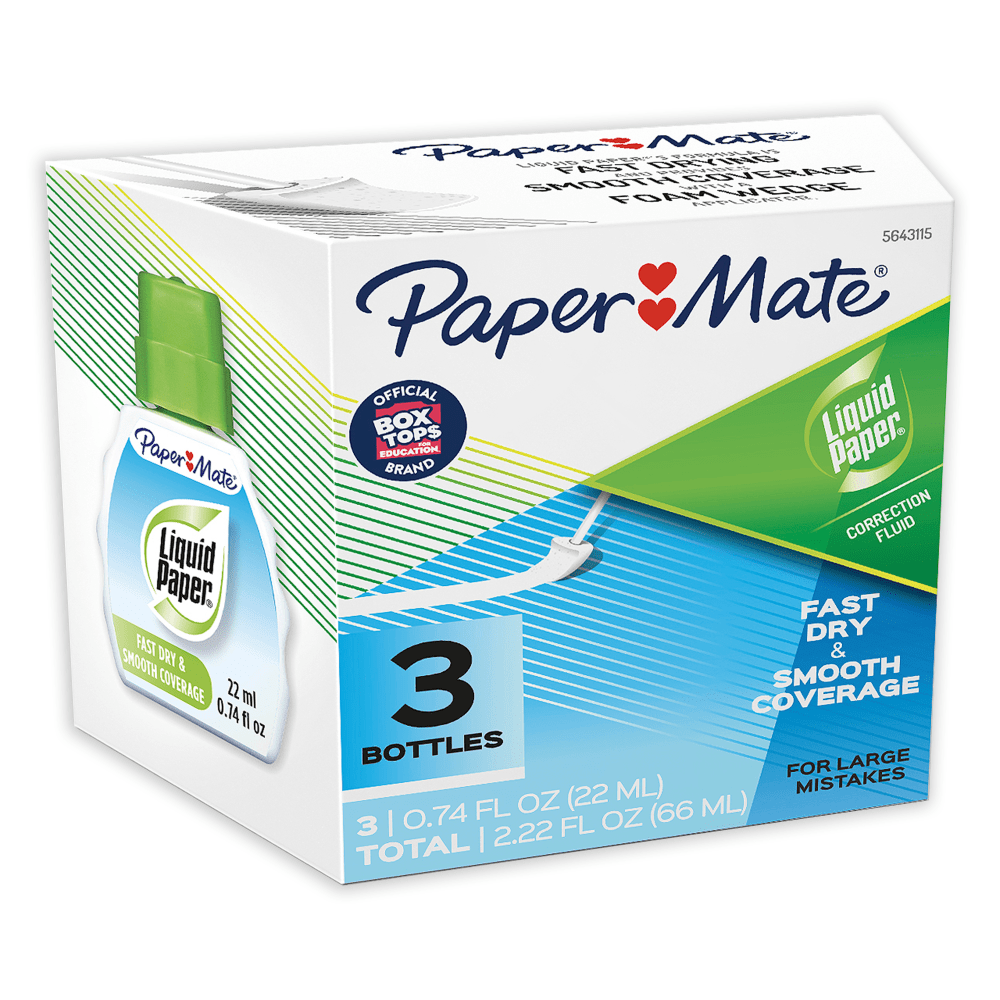 Paper Mate Liquid Paper Correction Fluid, Fast Dry & Smooth Coverage, White, Pack Of 3