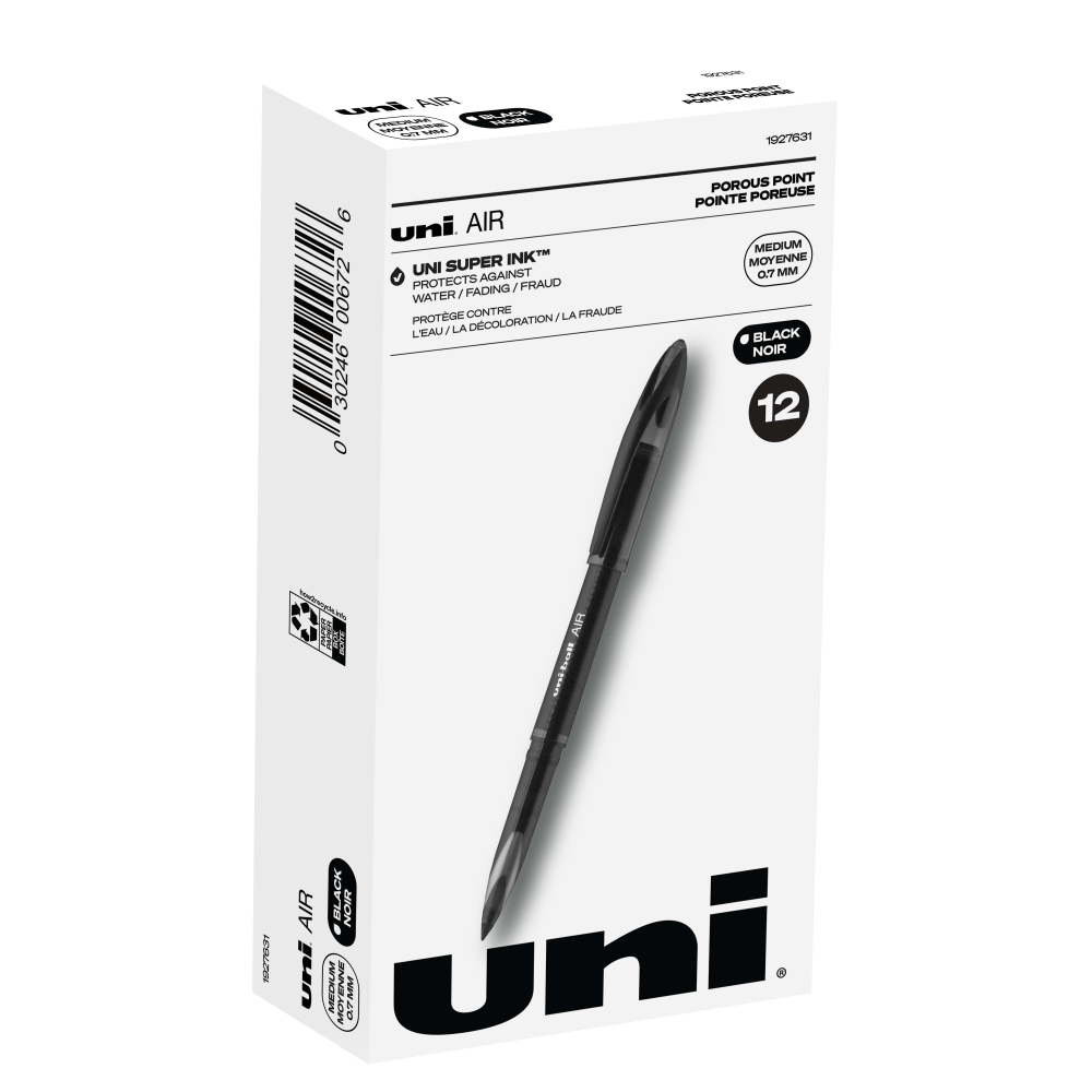 uni-ball AIR Rollerball Pen, Medium Point, 0.7 mm, Black Barrel, Black Ink, Pack Of 12