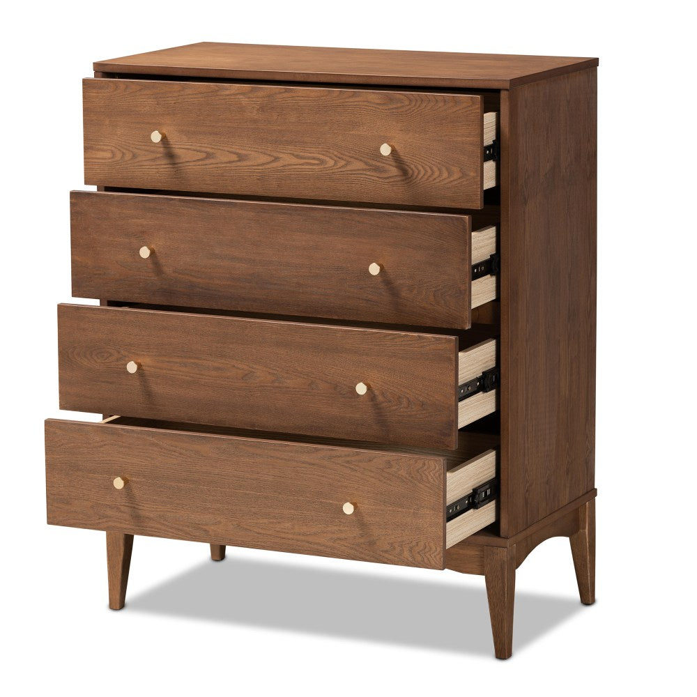 Baxton Studio Landis 4-Drawer Chest, 37-3/4inH x 30inW x 15-3/4inD, Ash Walnut/Gold