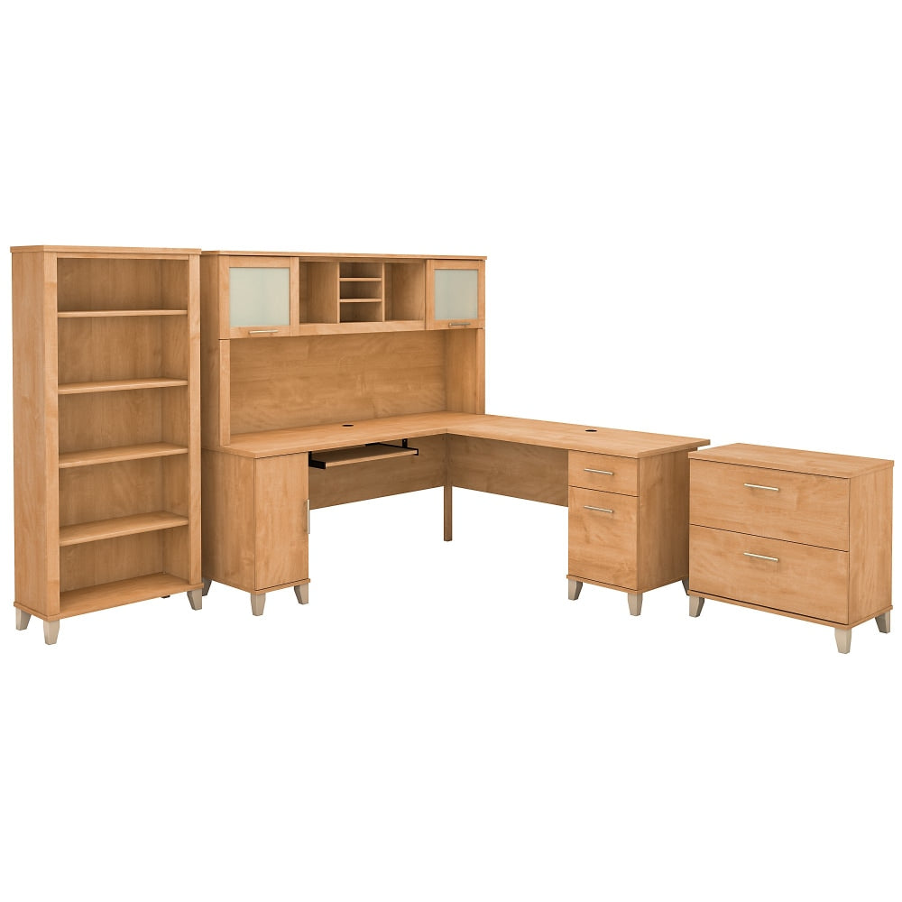 Bush Furniture Somerset 72inW L Shaped Desk With Hutch, Lateral File Cabinet And Bookcase, Maple Cross, Standard Delivery