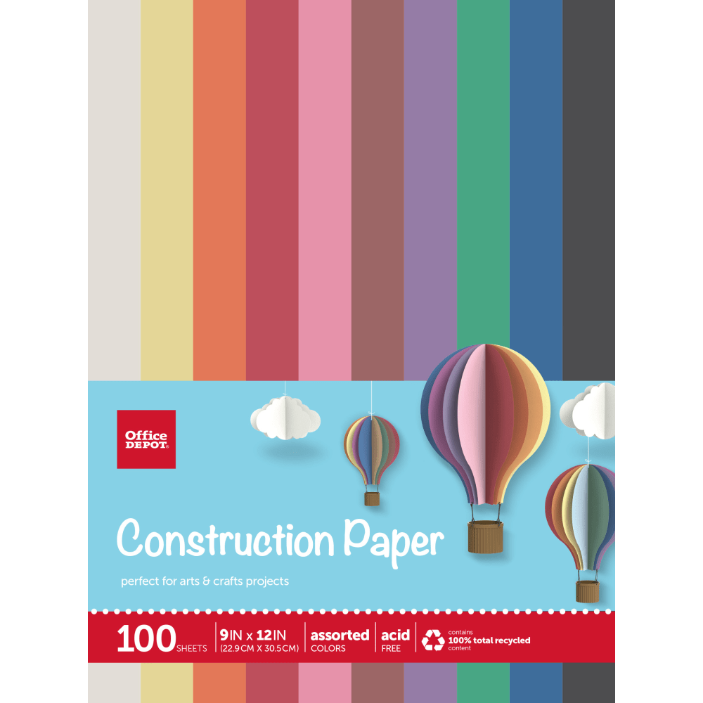 Office Depot Brand Construction Paper, 9in x 12in, 100% Recycled, Assorted Colors, Pack Of 100 Sheets