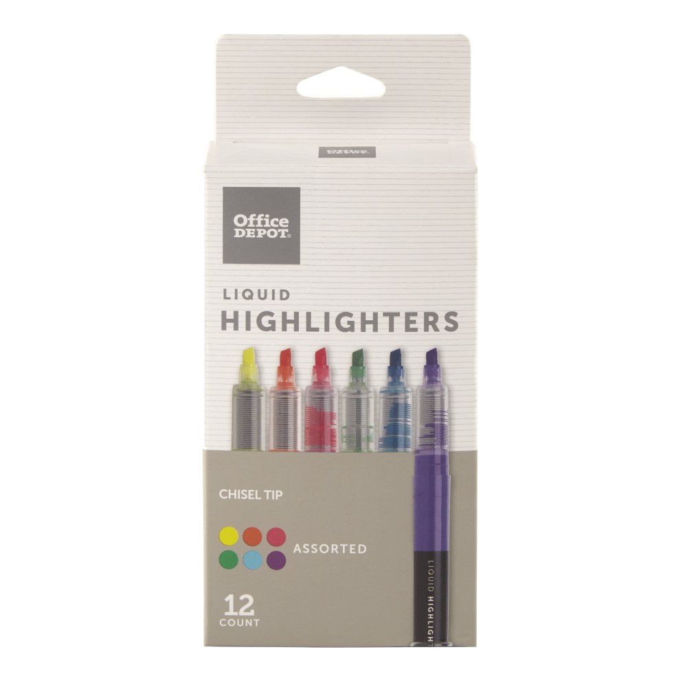 Office Depot Brand Liquid Ink Highlighters With Chisel Tips, Assorted Colors, Pack Of 12