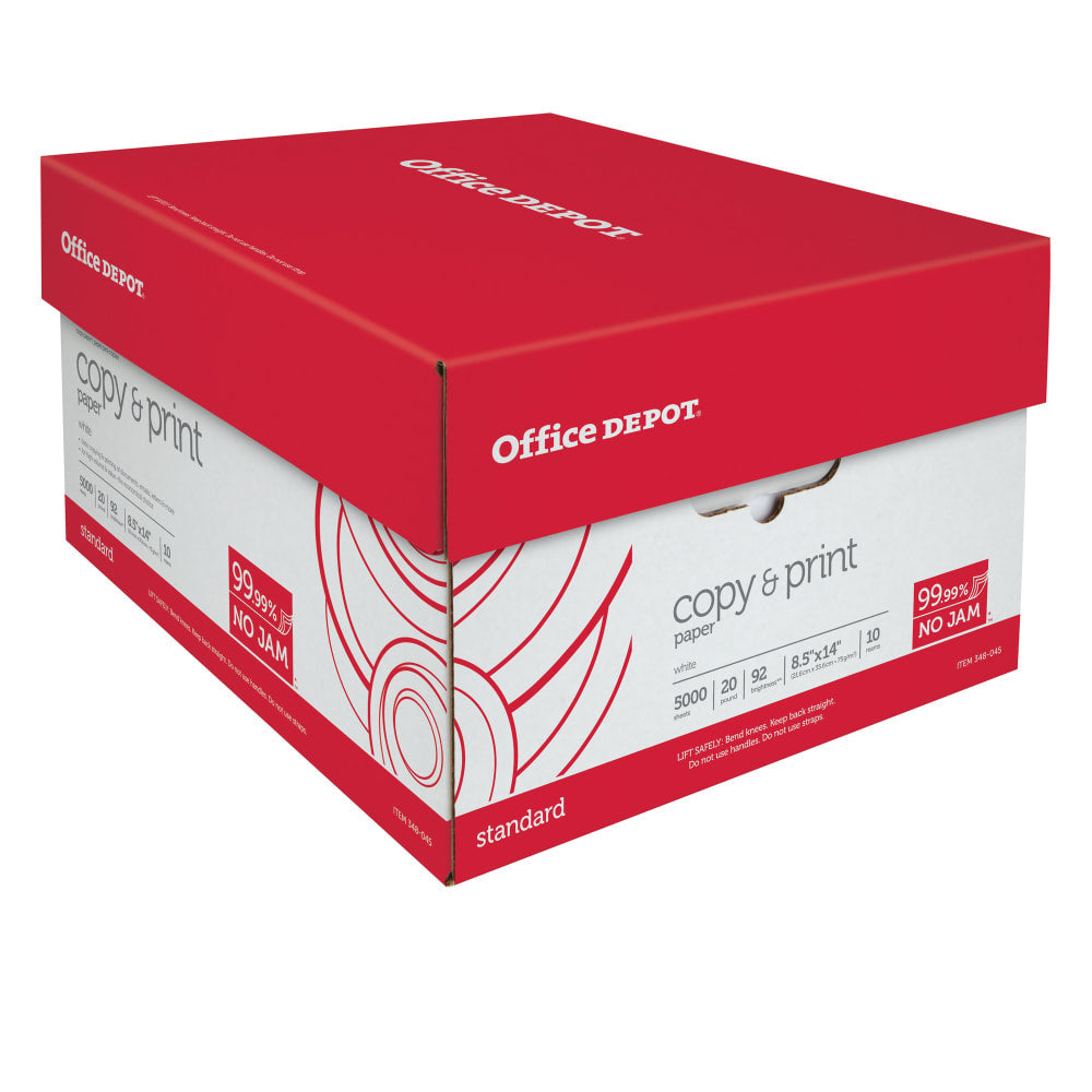 Office Depot Multi-Use Printer & Copy Paper, White, Legal (8.5in x 14in), 5000 Sheets Per Case, 20 Lb, 92 Brightness, Case Of 10 Reams