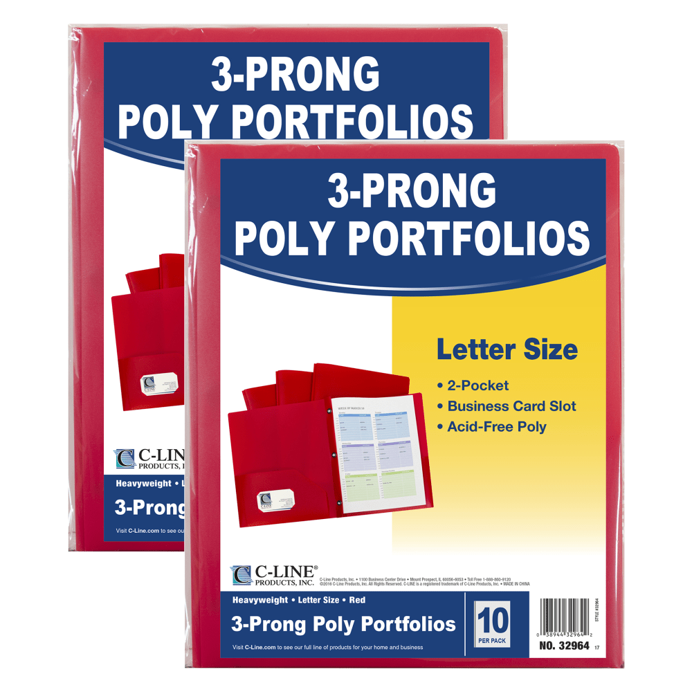 C-Line 2-Pocket Heavyweight Poly Portfolio Folders With Prongs, 8-1/2in x 11in, Red, 10 Folders Per Pack, Set Of 2 Packs