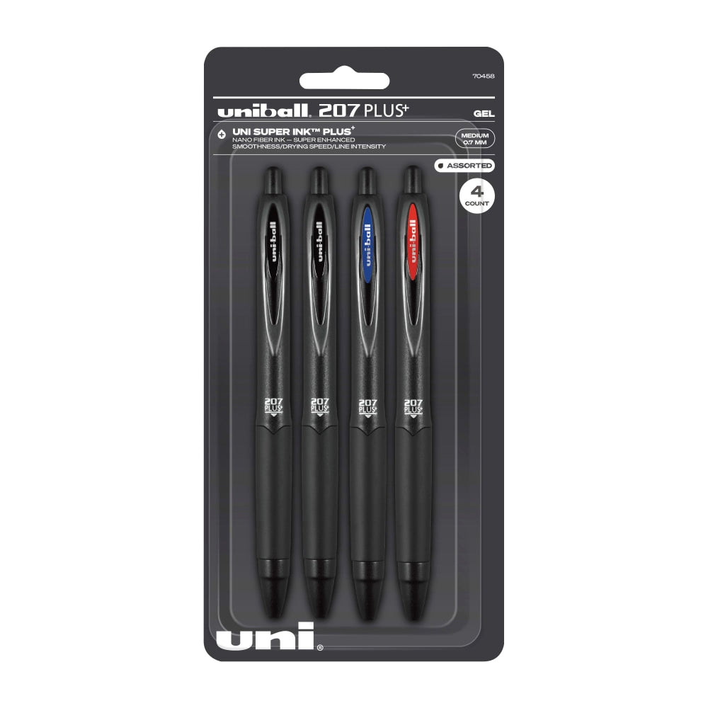 uni-ball 207 Plus+ Retractable Gel Pens, Medium Point, 0.7 mm, Black Barrel, Black/Blue/Red Ink, Pack Of 4 Pens