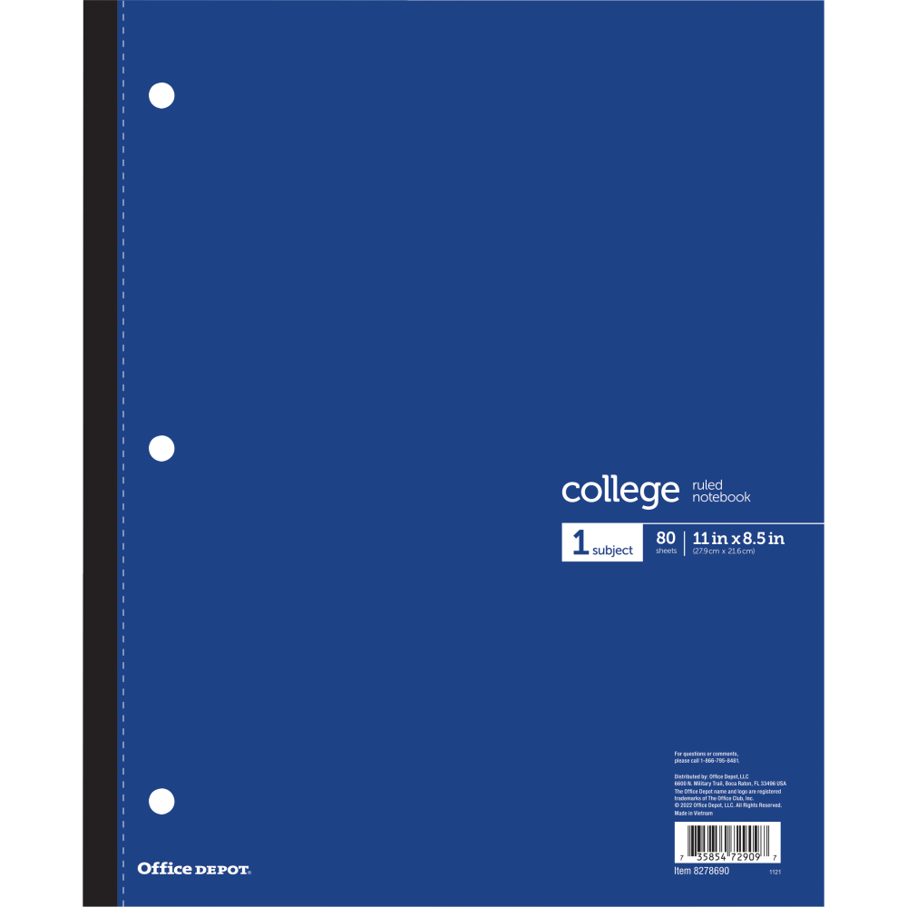 Office Depot Brand Wireless Notebook, 8-1/2in x 11in, 1 Subject, College Ruled, 80 Sheets, Blue