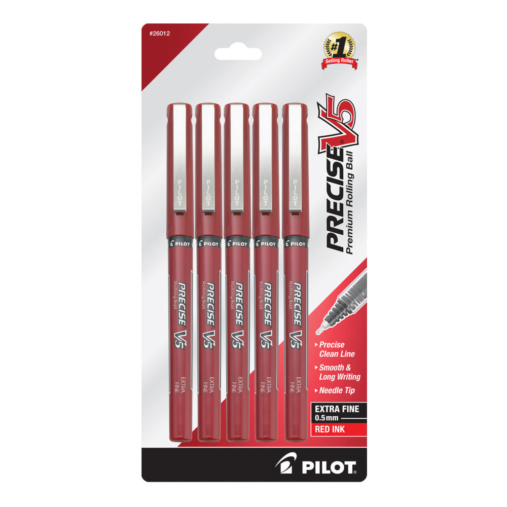 Pilot Precise V5 Liquid Ink Rollerball Pens, Extra Fine Point, 0.5 mm, Red Barrel, Red Ink, Pack Of 5