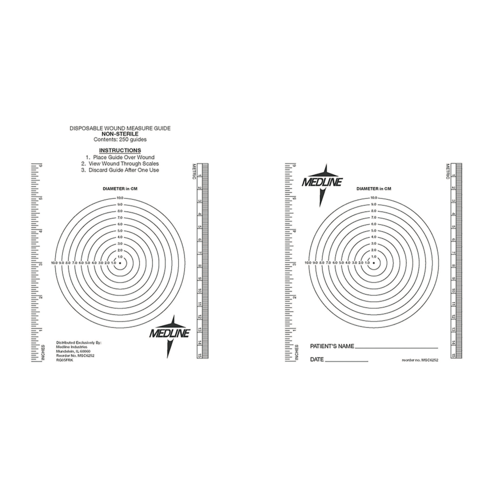 Medline Latex-Free Wound Measuring Bulls-Eye/Ruler, 8 1/2in x 6 1/2in, Black/Clear, Bag Of 250