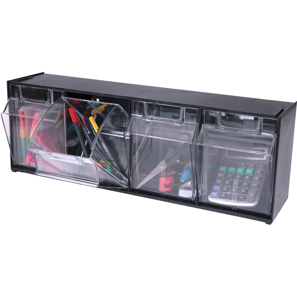 Deflecto Interlocking Horizontal Tilt Bin, 4 Bins, Medium Size, 8 1/8in x 23 5/8in x 6 5/8in, Black/Clear