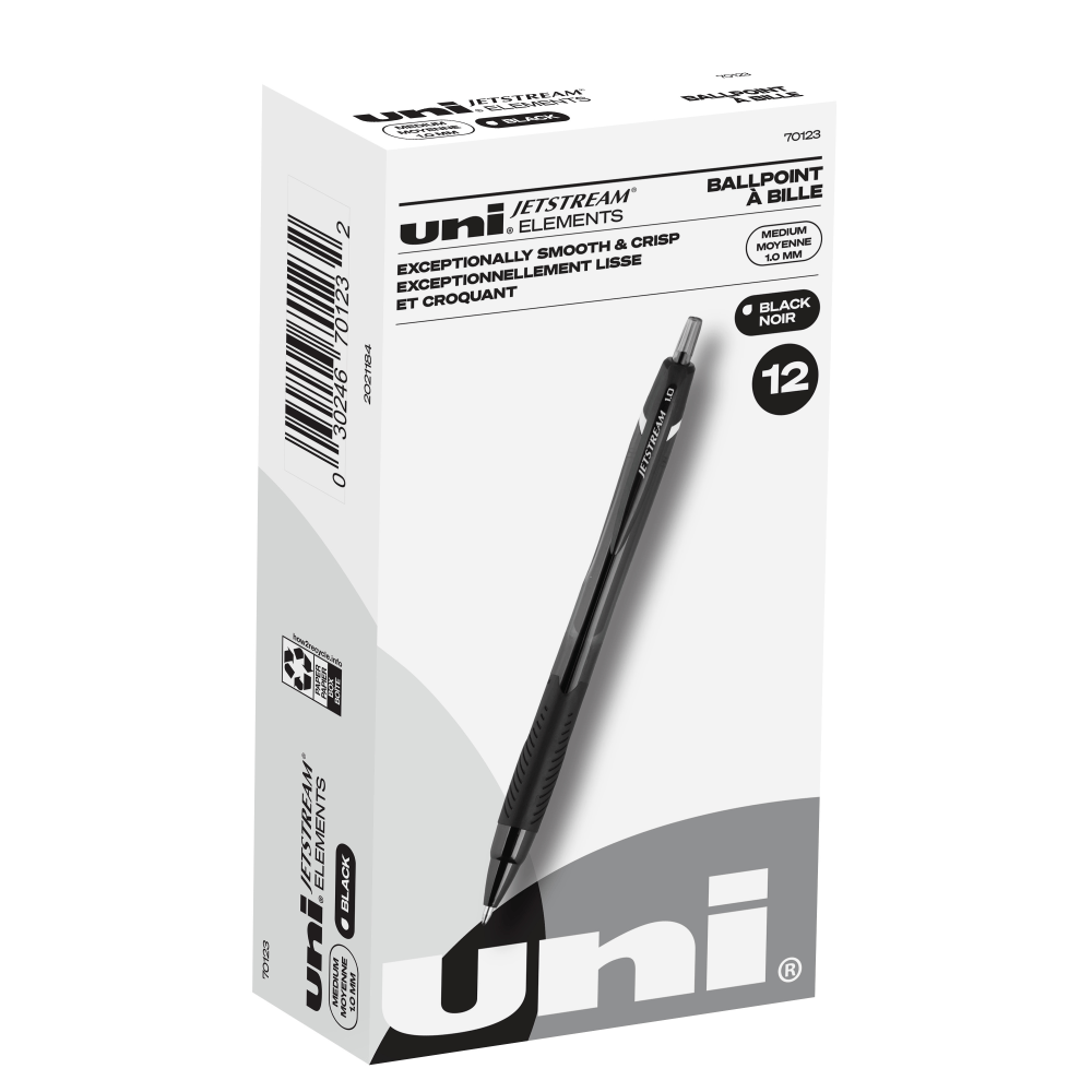 uni-ball Jetstream Elements Retractable Ballpoint Pens, Medium Point, 1.0 mm, Black Barrel, Black Ink, Pack Of 12 Pens