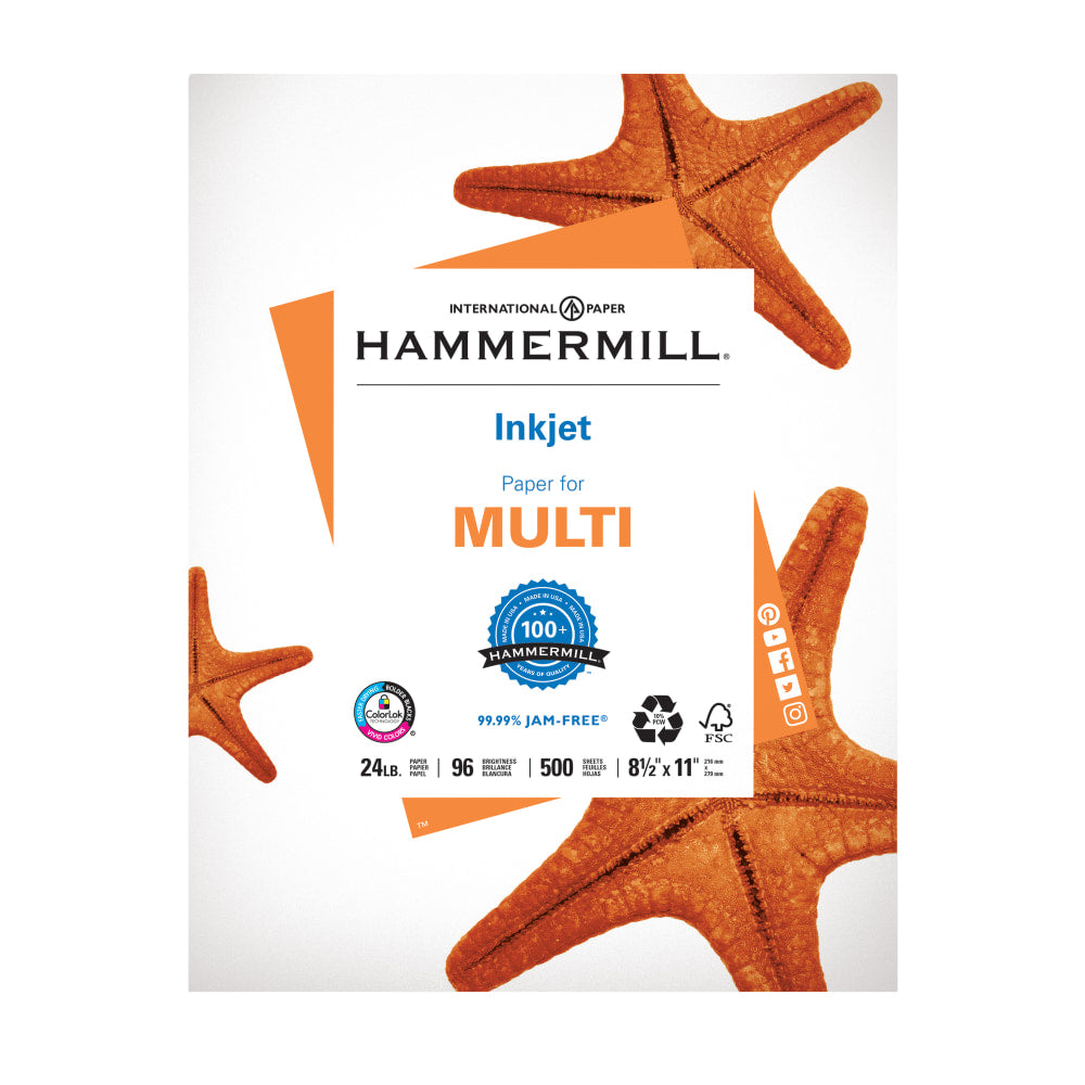 Hammermill Inkjet Printer Or Laser Paper, White, Letter Size (8 1/2in x 11in), Ream Of 500 Sheets, 24 Lb, 96 Brightness