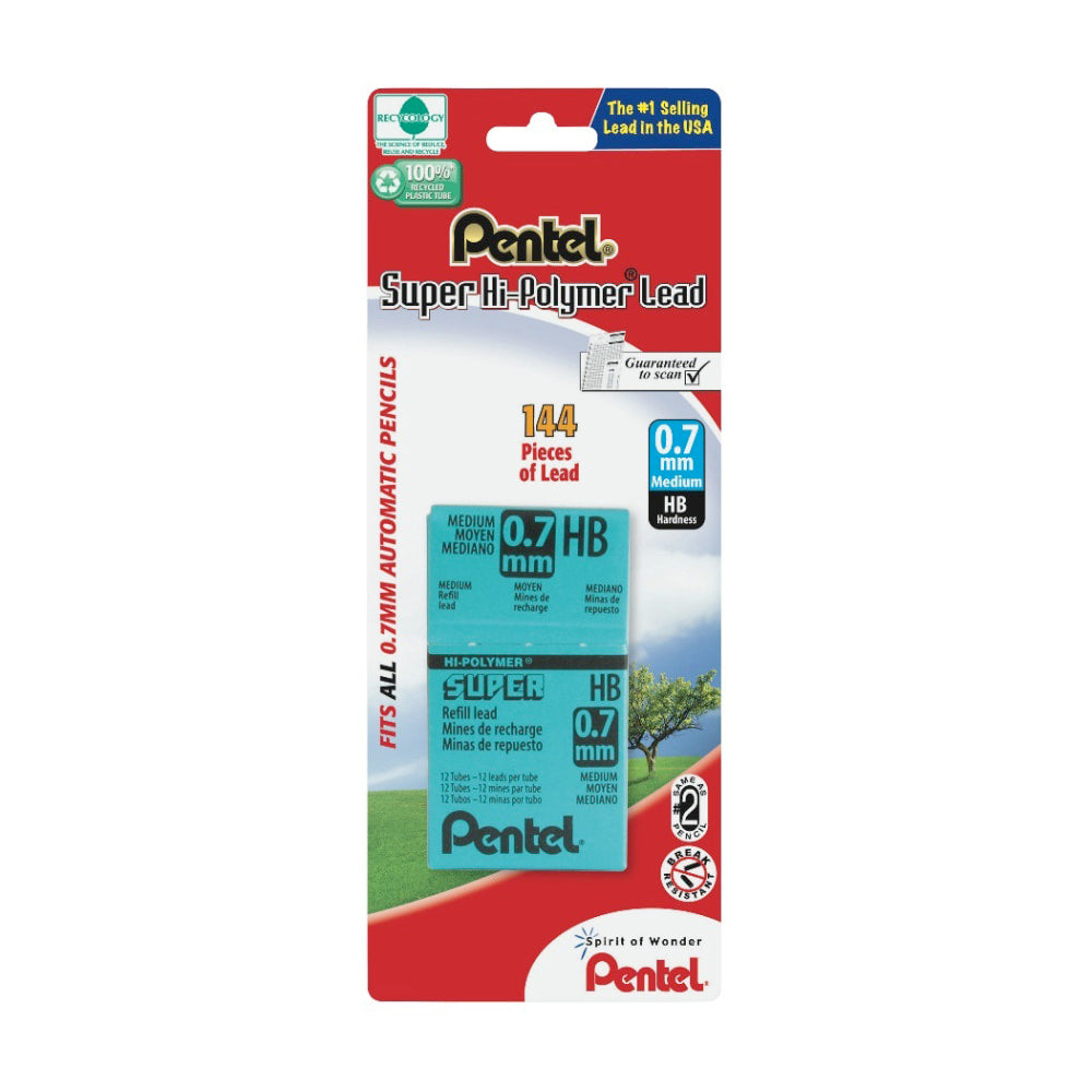 Pentel Super Hi-Polymer Lead Refills, 0.7 mm, Medium Line, HB Hardness, Pack Of 144